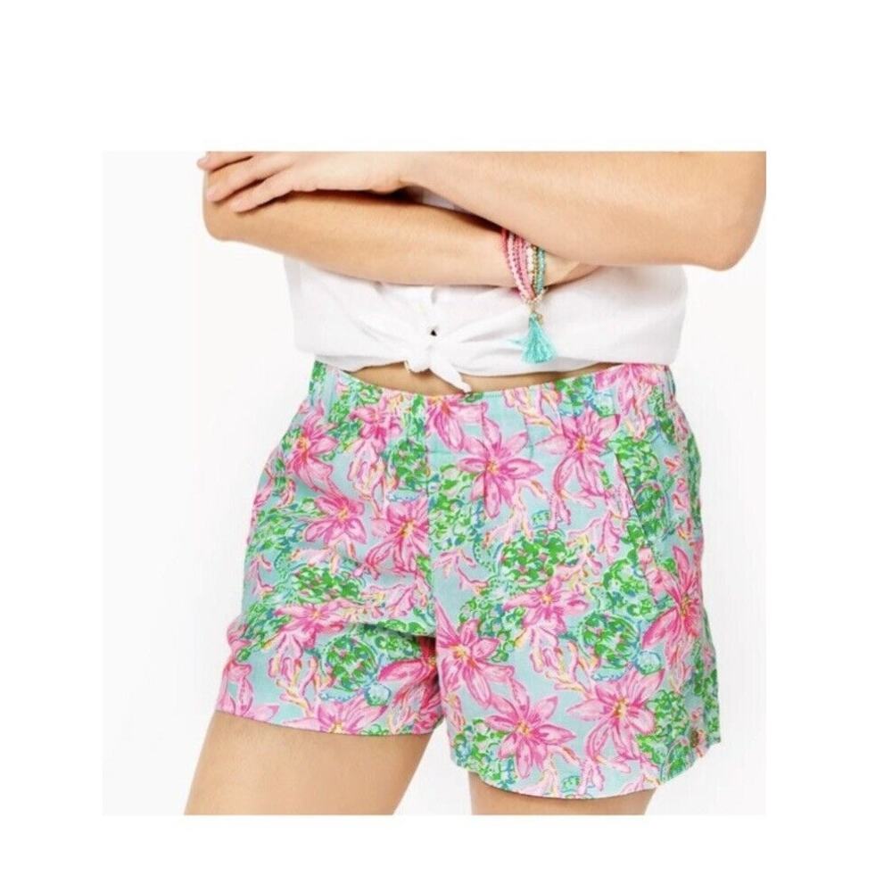 NWOT Lilly Pulitzer Lilo Linen Shorts Surf Blue So Shellegant Size Small Floral